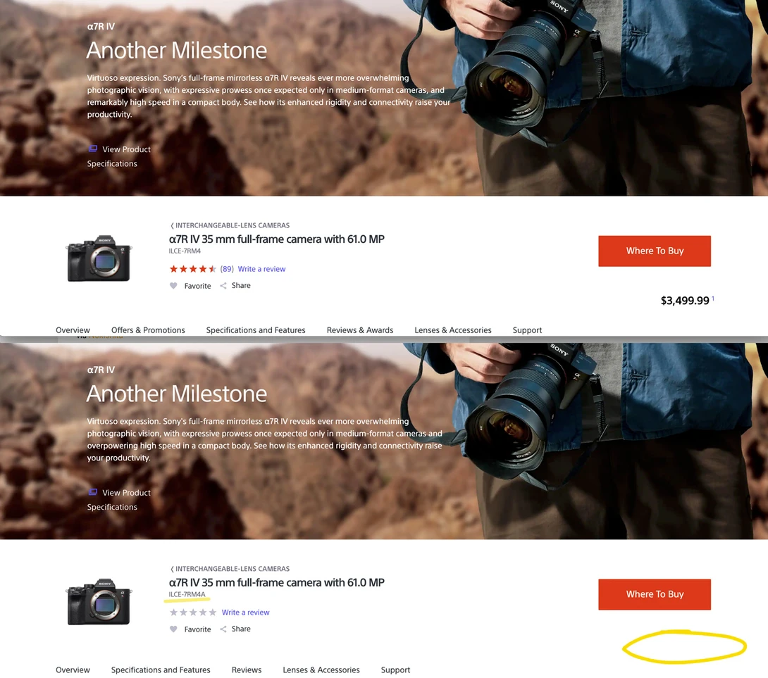 Sony a7R IV product pages screengrab