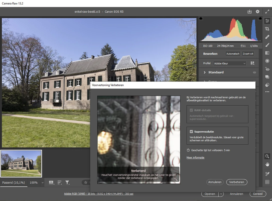 The new super resolution function in Adobe Camera Raw (sorry about the Dutch language). This option is relatively new for Adobe.