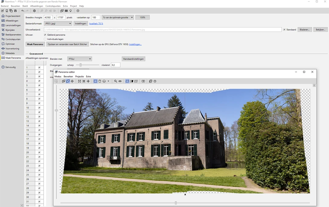 A screenshot from PTgui from the multi-row panorama I made. The total size is a staggering 752mp. 