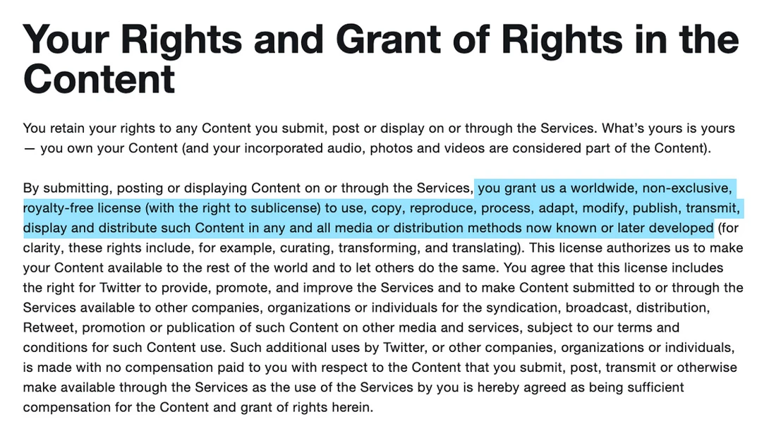 Twitter's terms and conditions, screengrab