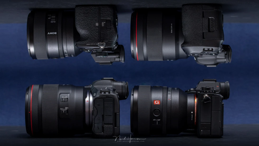 Both cameras and lenses are very alike in size and weight. The difference is mainly in the operation of the cameras.