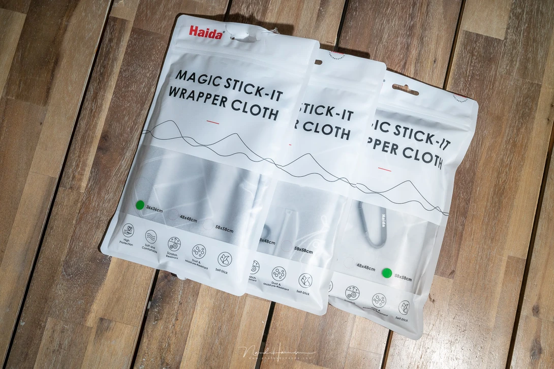 The Haida Magic Stick-It Wrapping Cloth comes in three sizes.