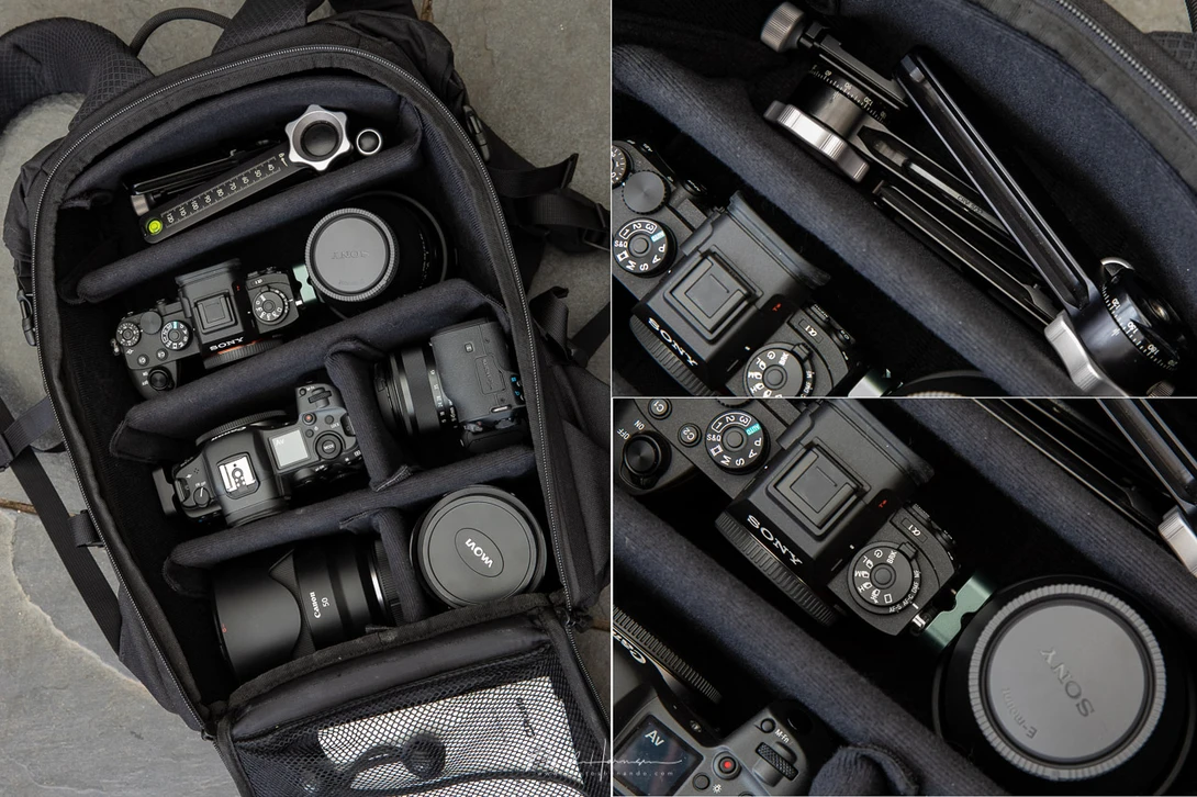 An example of the RRS PG-01 Pano Gimbal Head pieces in a bag, and the Sony camera and lens in one compartiment if you don't have enough dividers.