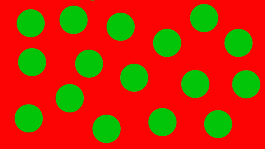 © Ivor Rackham. As one scrolls the page or movei one's eyes over this image, the green spots may seem to jump and vibrate aganst the red. This is an example of simultaneous contrast.