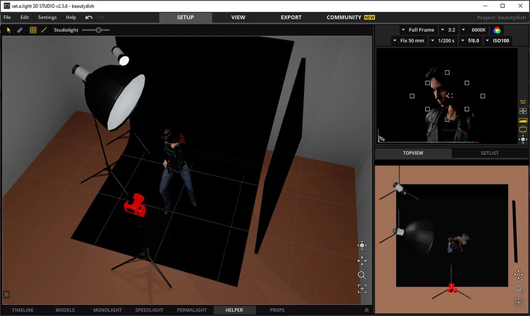 The second setup with the model Iris was a dark one, planned in set.a.light.3D.&nbsp;