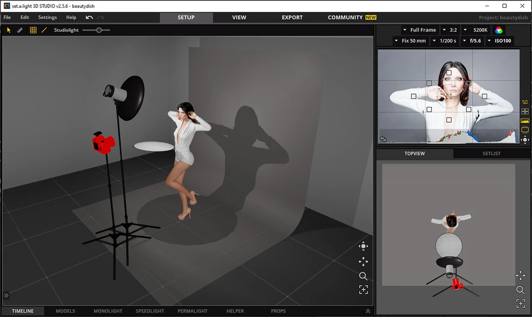 For a studio shoot I tried a simple beauty dish setup, to find out if the results were similar to the simulation in set.a.light.3D