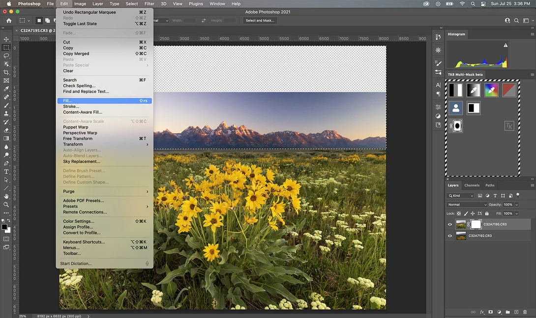 Screenshot of Adobe Photoshop with a landscape photograph of wildflower meadow and mountains displayed in the editor.