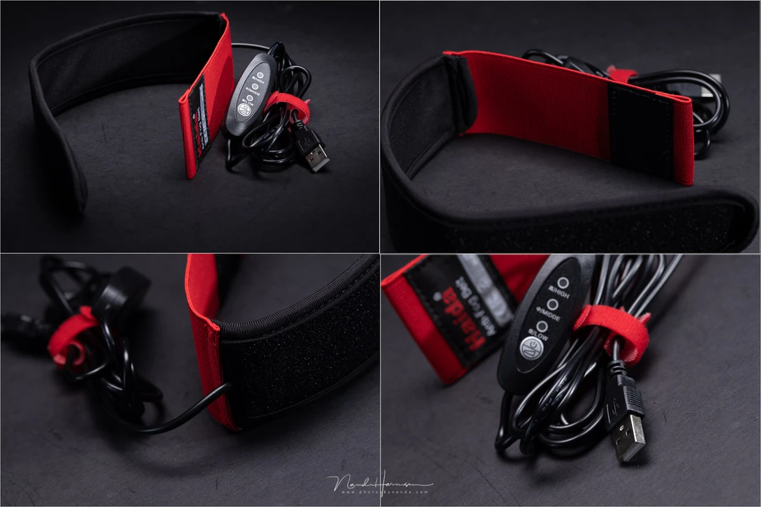 Some details of the Haida Anti-Fog Belt. An overview, cable connection, the Velcro, and the USB connector with controller