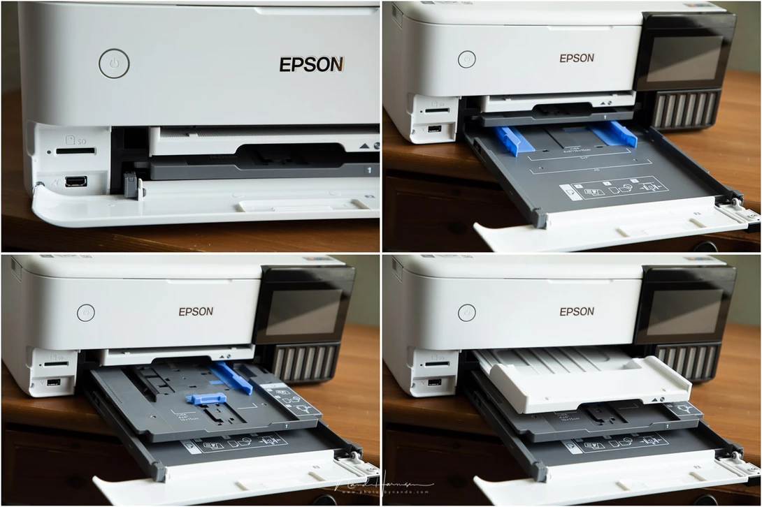 All the different paper trays in one overview. If the printer is not used, the trays are retracted inside the printer.