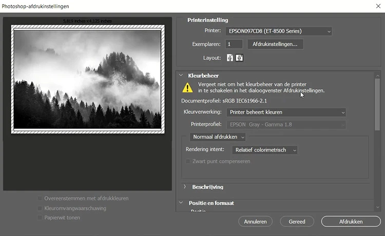 Print settings in Photoshop. It shows the ICC profile, but you cannot change anything.&nbsp;
