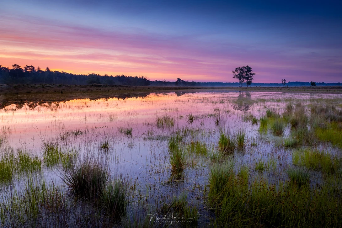 With a&nbsp;wide-angle lens objects appear small inside the frame, just like the colors near the horizon. The blue sky above reduces the impressive red sunrise in the photo. A 24 mm wide-angle is used for this shot.