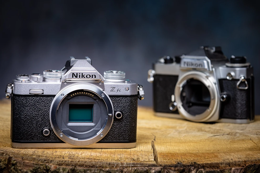 Compared to the 35mm film of&nbsp;the Nikon FE, the NIkon Z fc has an APS-C sensor inside.