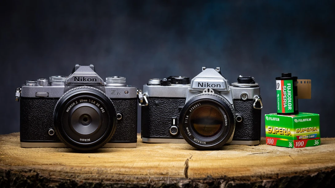 The new NIkon Z fc next to the old Nikon FE