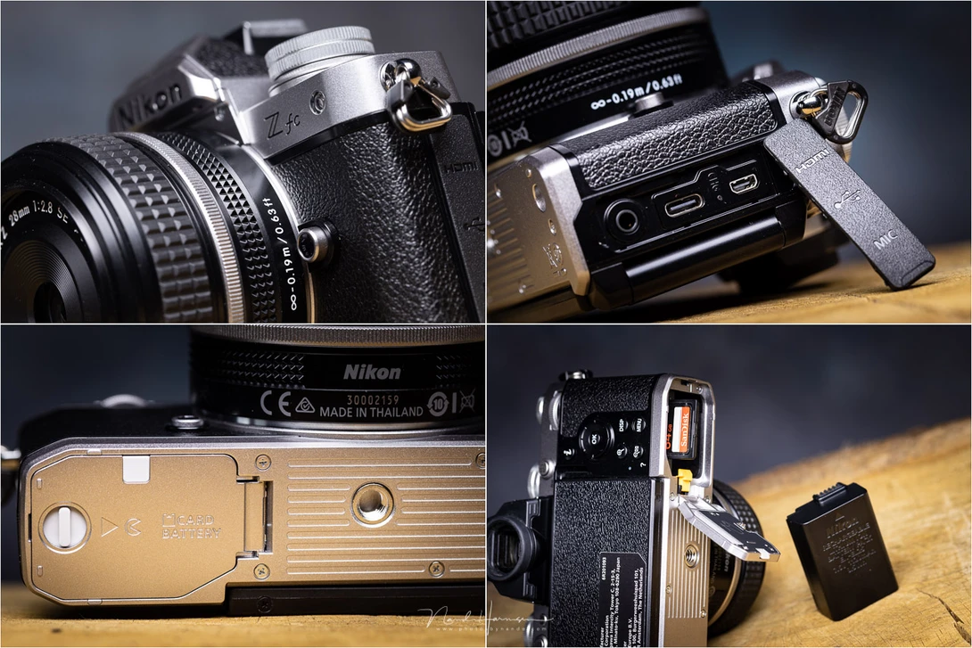 The battery/memory card door is flimsy. Behind the rubber flaps you find a micro HDMI, an USB-C, and a microphone connector