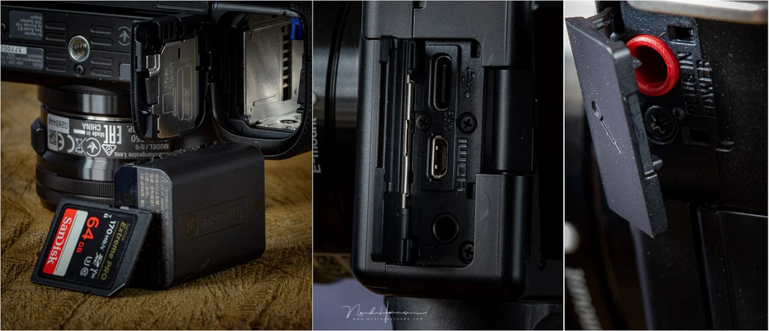 It has a battery, a UHS-I SD card (compatible with UHS-II), and a connector for a microphone. The USB-C can be used as a charger, or to connect it to a computer to transfer files, or use it as a webcam. There is also a micro-HDMI connector.