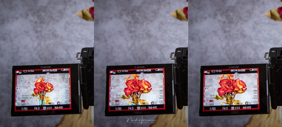 At the left, the 1080p image with the normal APS-C crop. In the middle the active digital image stabilization is activated, introducing another crop of 1.44x. At the right another 1.2x crop is appears when switching over to&nbsp;2160p