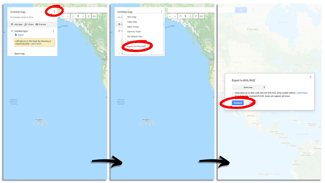 Screenshot showing three sequential steps for exporting map data to KML/KMZ format using Google Maps interface.