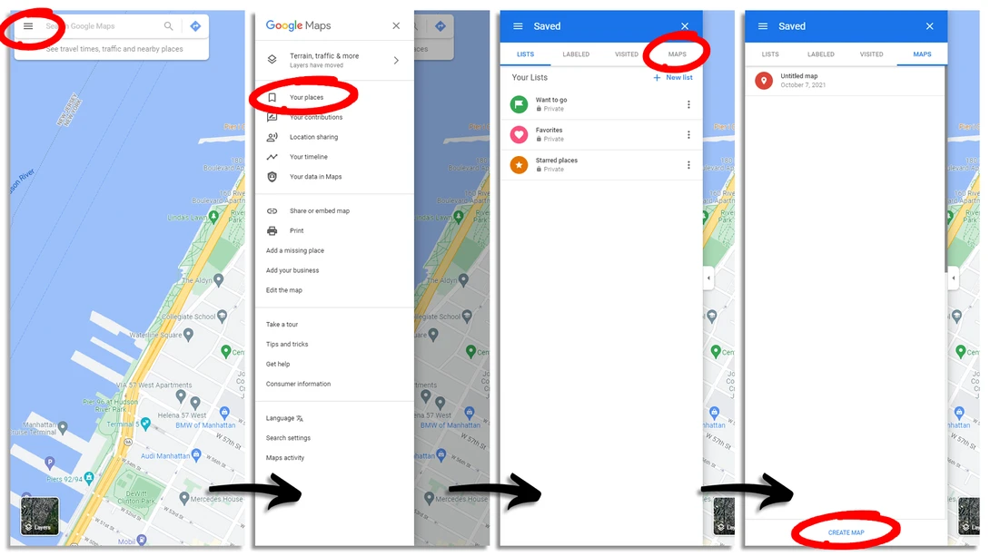 Screenshot showing Google Maps interface with search bar, menu options, and send dialog boxes highlighted in red circles.