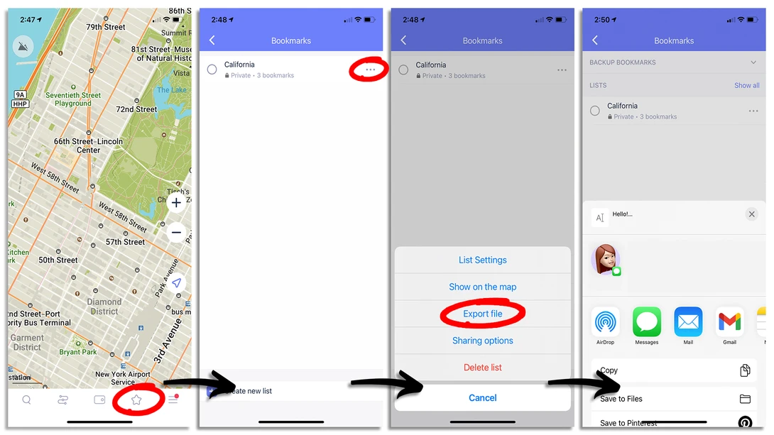 Screenshot showing Google Maps bookmark management interface with steps to edit and share a list.