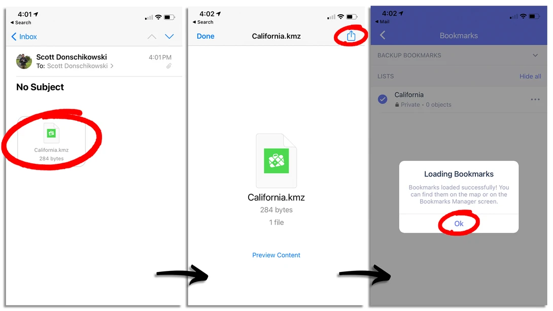 Screenshot showing three mobile app screens demonstrating file attachment and bookmark loading process.