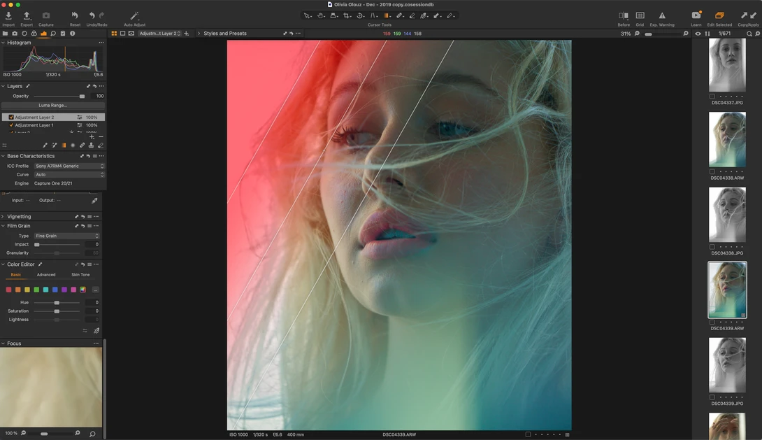 Portrait with red and teal color grading overlays creating a split-tone effect across the subject's face.