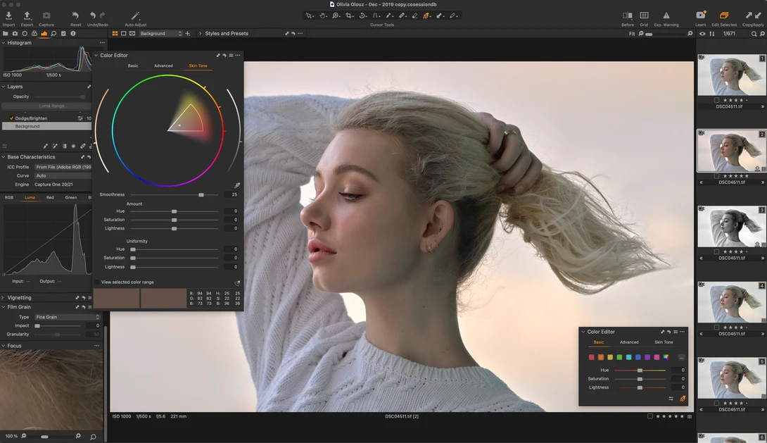 Screenshot of photo editing software showing portrait of woman with color wheel and adjustment panels.