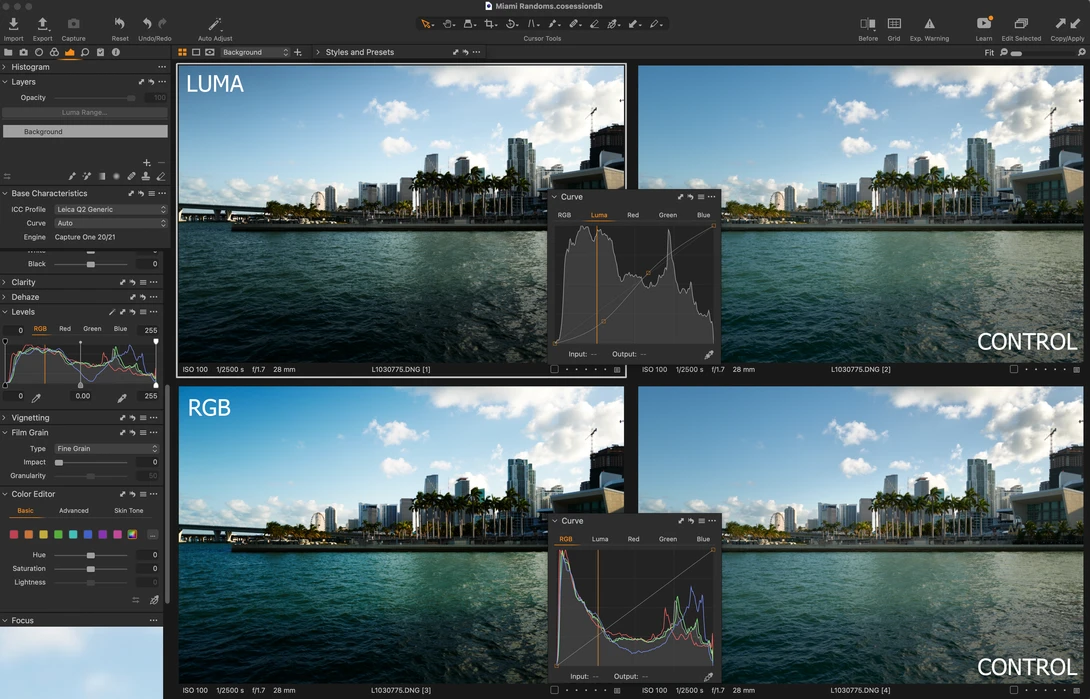 Screenshot showing side-by-side comparison of cityscape photo with LUMA and RGB color profiles and histogram adjustments.