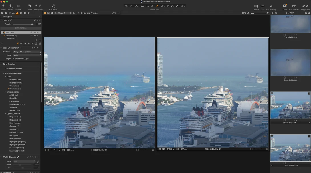 Screenshot of photo editing software showing before and after comparison of a cruise ship in harbor.