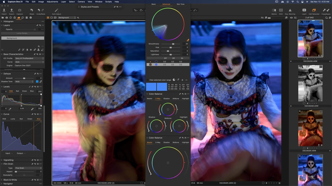 Screenshot of photo editing software showing before and after comparison of a stylized portrait with color grading adjustments.