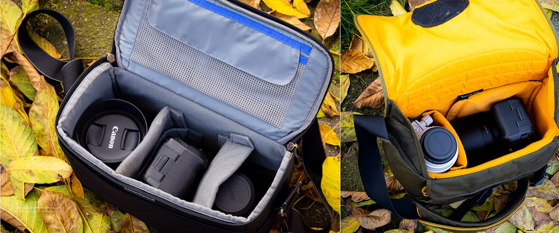 Two different shoulder bags. These are perfect for a camera and two lenses. Easy access and not much weight.&nbsp;