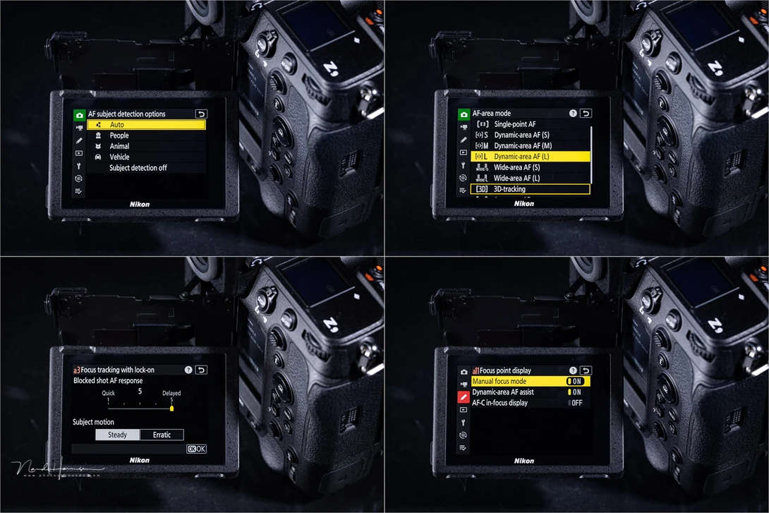 A few pages from the AF menu. The Nikon Z 9 doesn't allow a lot of fine tuning.