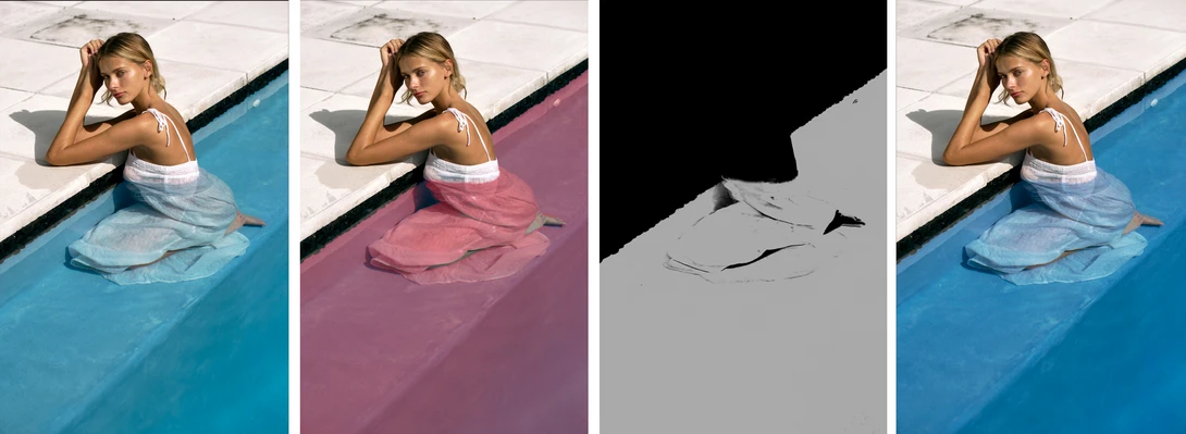 Woman in white top and blue skirt sitting by pool edge in various color grading treatments.