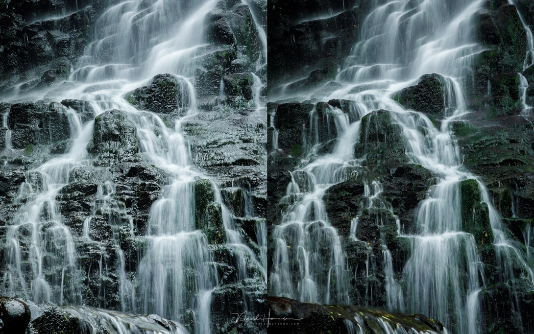 A typical example of the polarization effect. On the left you see the waterfall without polarization effect. On the right the polarization effect is at maximum strength.