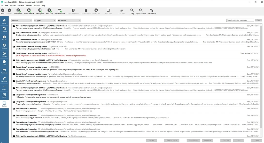 Screenshot of an email inbox with multiple messages from photography-related senders.