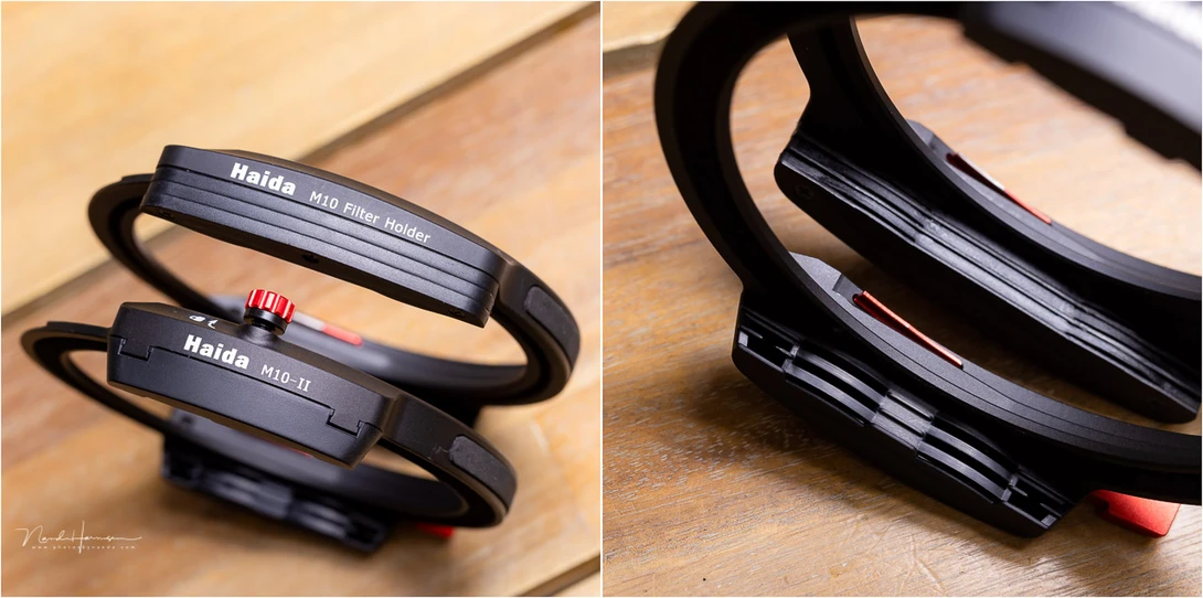 The first and second generation Haida M10 filter holders next to each other. Especially the filter slots have a much improved design.