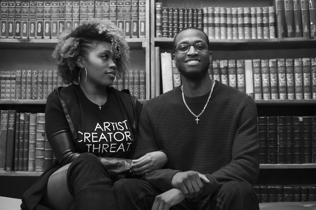 Couple in bookstore.