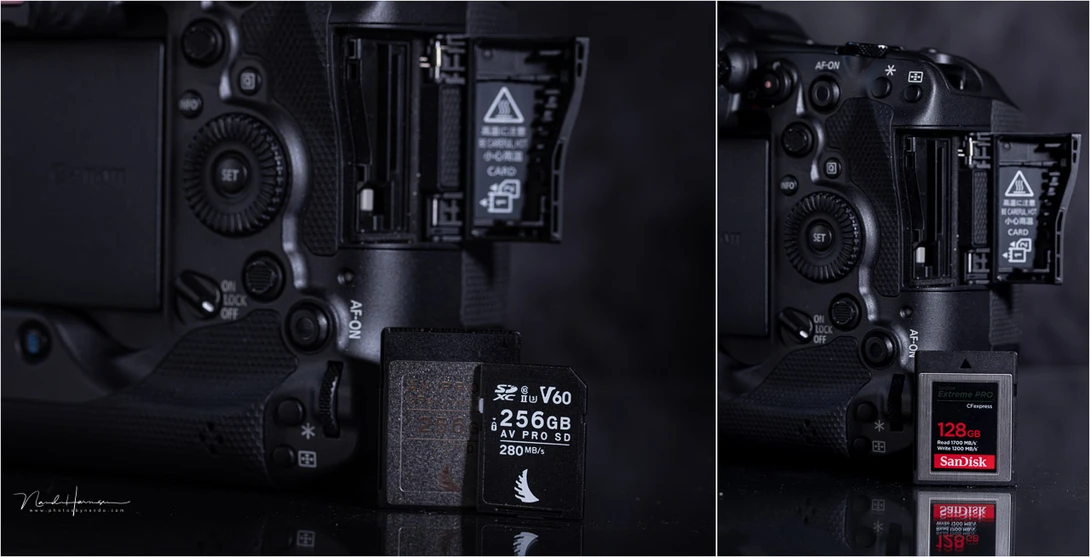The Canon EOS R3 accepts both CF Express type B and UHS-II SD cards. For this review I used the Sandisk CF Express.&nbsp;
