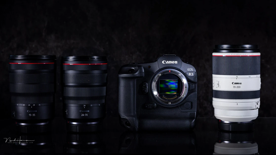 The Canon EOS R3 with the trinity of lenses. The&nbsp;RF 15-35mm f/2.8L IS USM, the RF 24-70mm f/2.8L IS USM, and the RF 70-200mm f/2.8L IS USM.