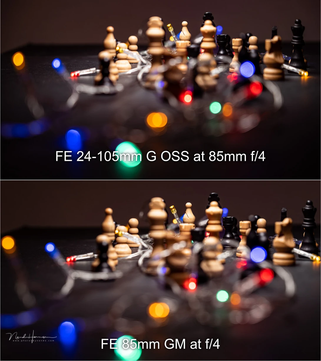 The difference in bokeh between two Sony lenses at the same focal length and aperture. Although the depth of field is similar, the appearance of the out of focus is different.