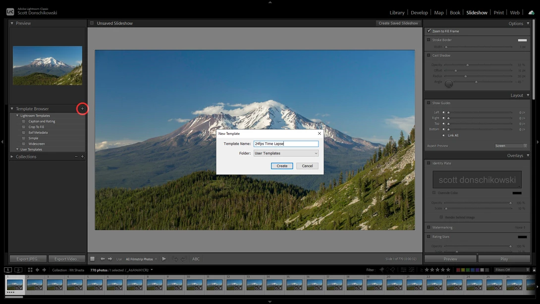 Screenshot of Lightroom's Library module displaying a mountain landscape photograph with a dialog box open.
