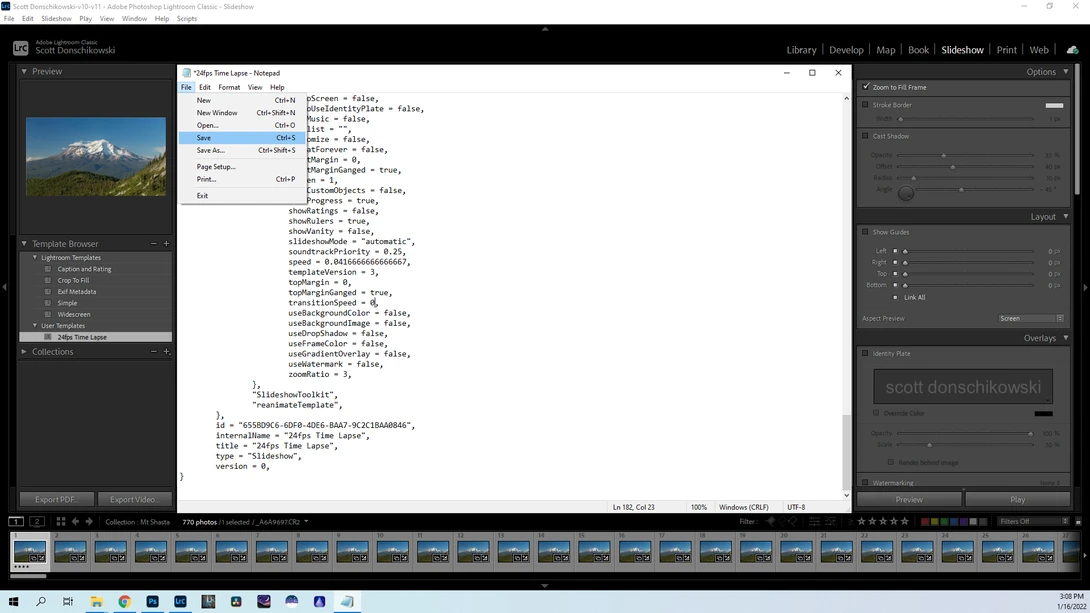 Screenshot of photo editing software with code editor window displaying XML metadata and image library panel.