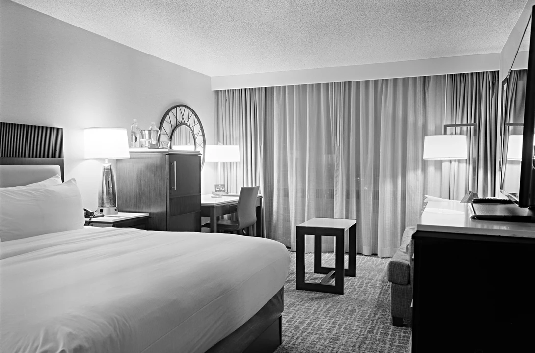 Long-exposure image of a hotel room taken on Kodak TMax 100 with reciprocity failure calculation