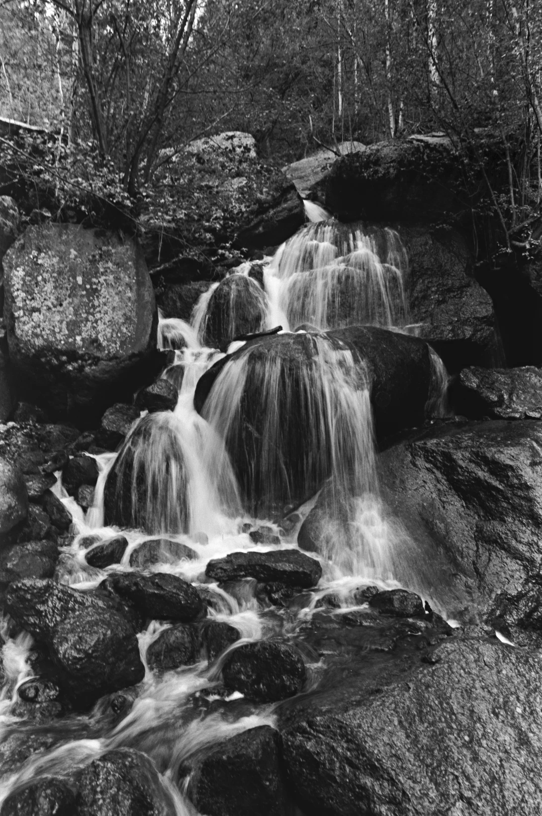 A long-exposure waterfall on pulled Kodak TMax 100