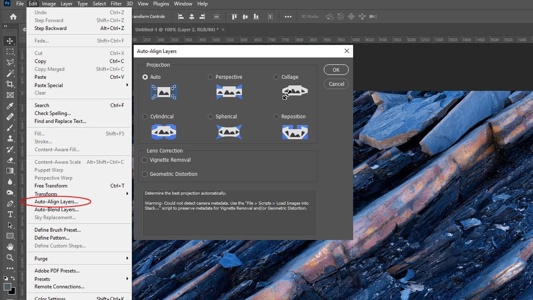 Screenshot of Auto-Align Layers Function in Photoshop