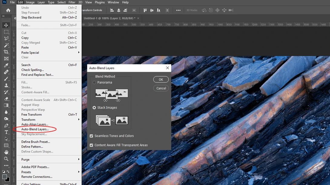 Screenshot of Auto-Blend Layers Function in Photoshop