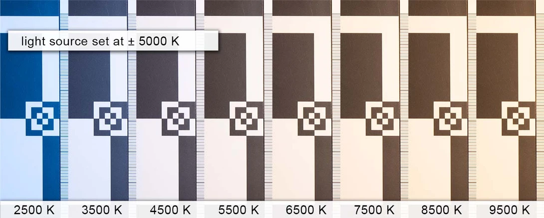With a light source of approx.&nbsp;5000K. There is a shift in the color cast. There is more orange color cast because the color temperature is lowered.