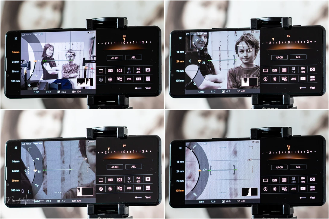 The lens choice and zoom functions can be found at the left edge of the screen. You can zoom, but need to change between the lenses manually. You can't zoom from 16mm up to 300mm in one motion.