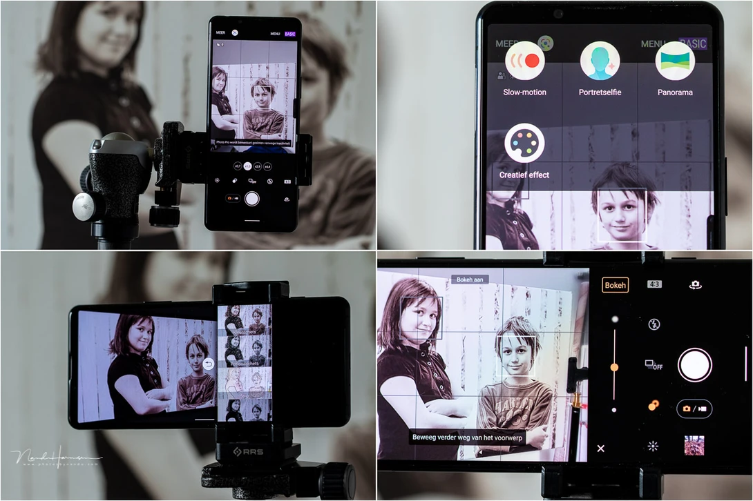 The standard camera app offers the creative filters, panorama, and bokeh switch. The controls will rotate when changing the orientation of the smartphone.