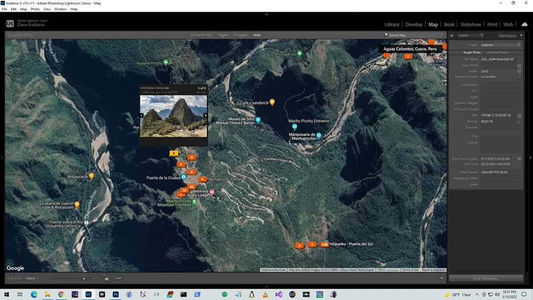Screenshot of Google Maps showing a mountainous region with marked photography locations and a landscape preview image.