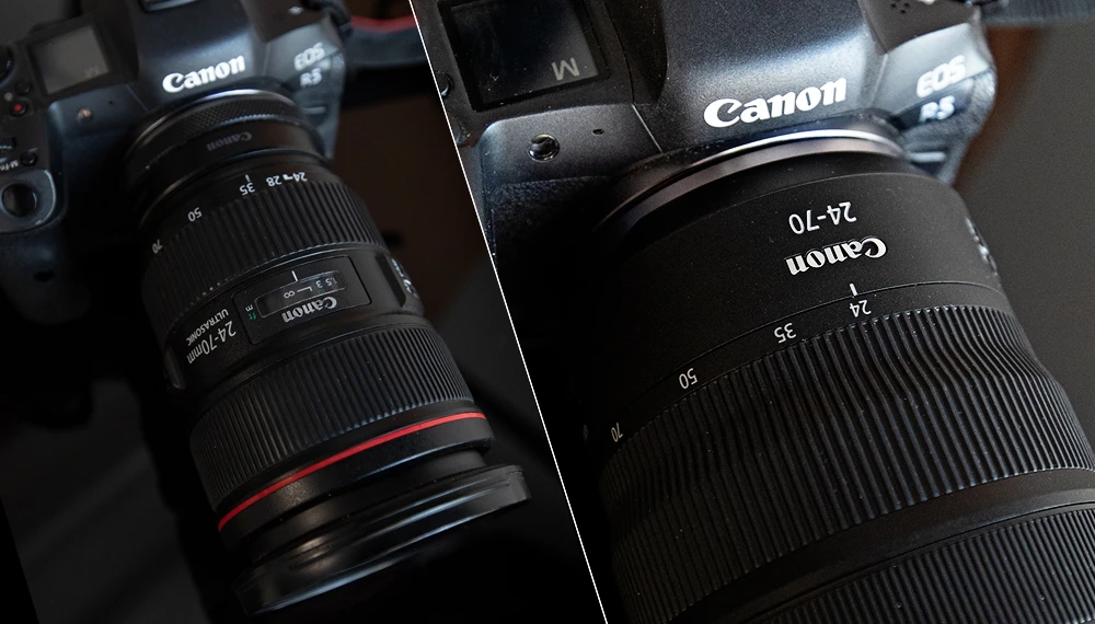 Canon DSLR cameras with telephoto lenses displayed side by side, showing barrel details and branding.